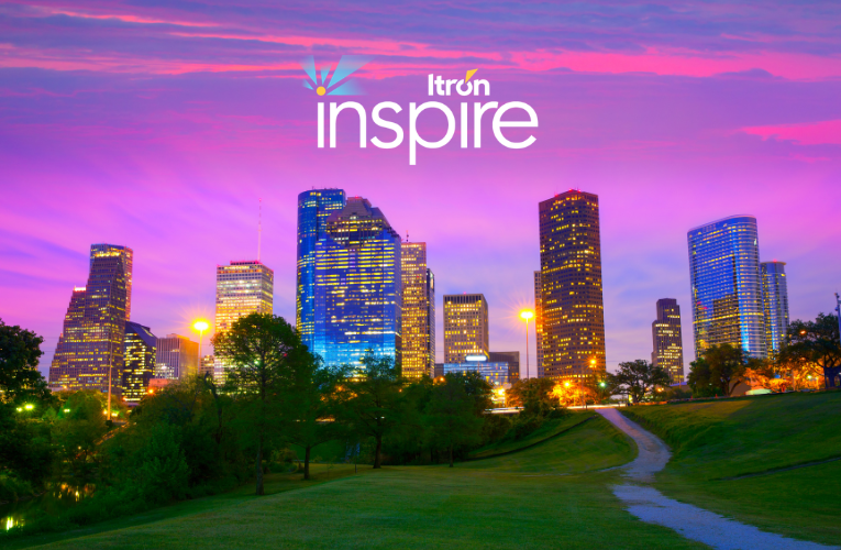 Houston, Texas skyline with sunset and Itron Inspire logo