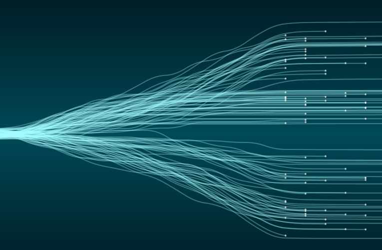 Thin luminous teal strands extend from a bright left edge and spread into layered wave-like curves across a dark navy field, ending in small dotted horizontal segments on the right.