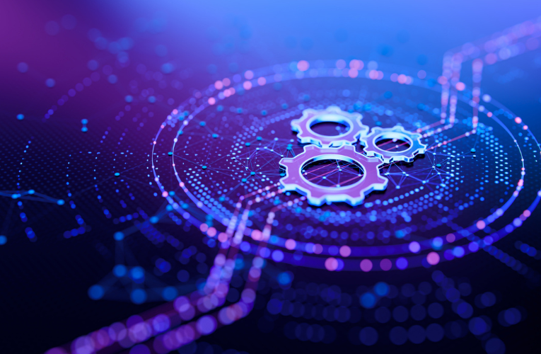 A futuristic digital illustration featuring interconnected gears and data nodes, symbolizing grid modernization, advanced analytics and intelligent utility operations.