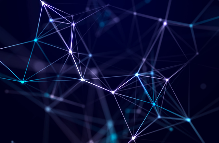Connection of colored lines and shapes in space. Big data visualization. Digital background. 