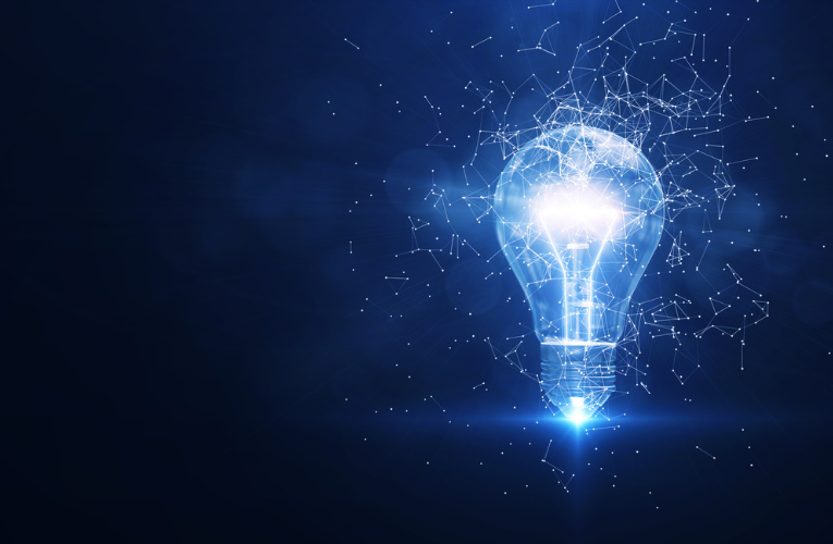 Electric light bulb bright polygonal connections on a dark blue background. Technology concept innovation artificial intelligence brainstorming business success.