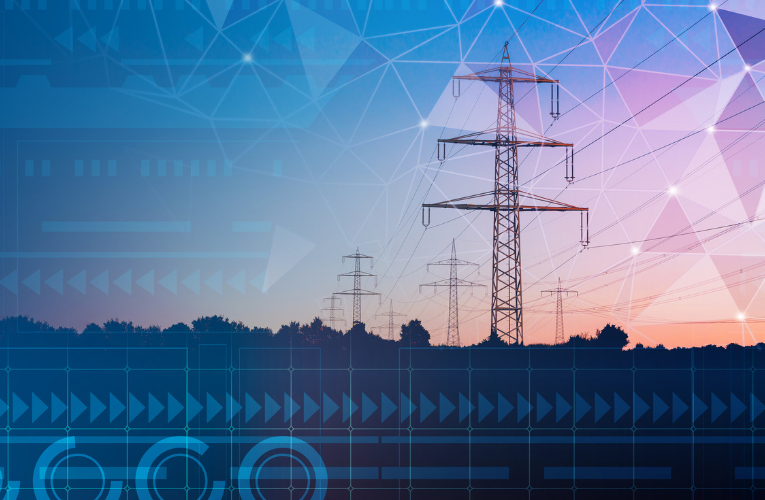 High voltage power lines with graphic elements on cyberspace background. Transmission and supply of electricity concept.
